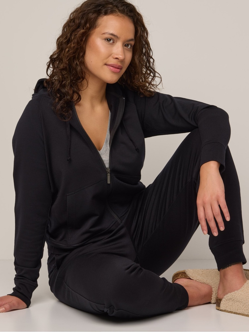 wool& Aspen Merino Wool Full-Zip Hoodie Black Classic Travel Jacket Sweatshirt L